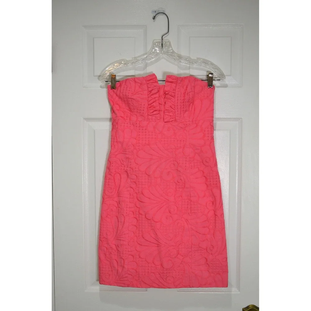 Lilly Pulitzer Pink Cotton Eyelet Strapless Mini Dress Coquette Preppy, Size 2 - Picture 2 of 9